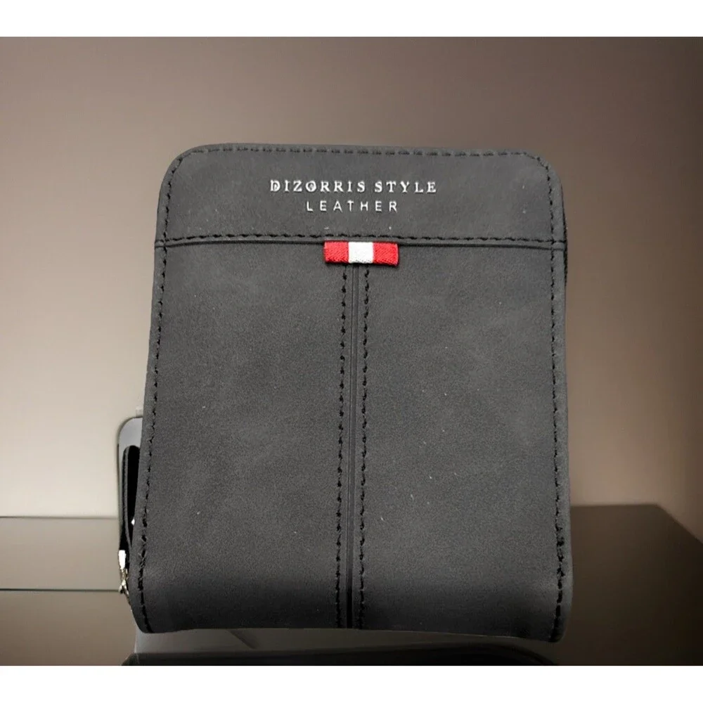 Men Short Horizontal Wallet – Leather Zipper, Retro Leisure Buckle Square Design